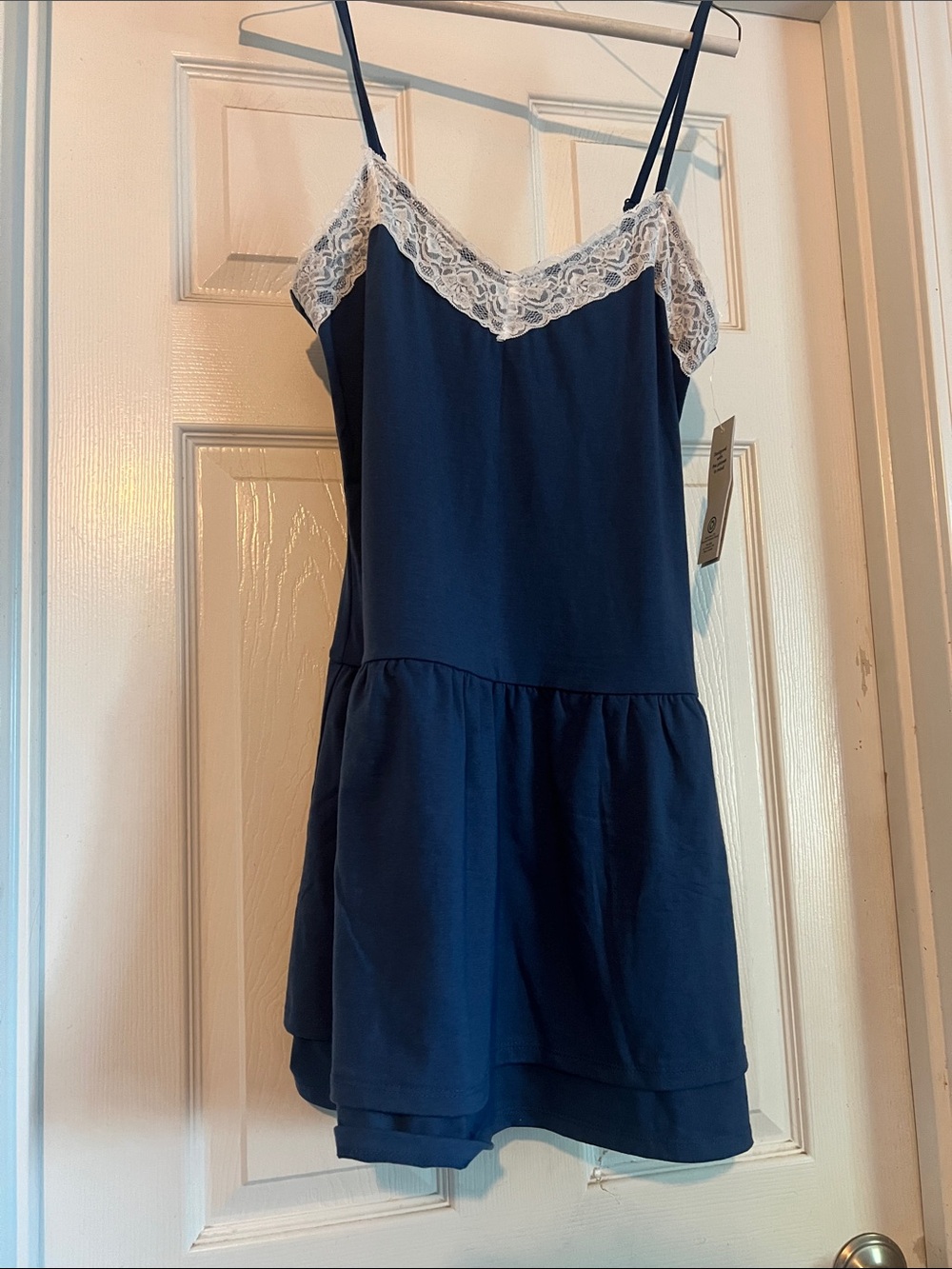 No Boundaries Navy Dress with White Lace Trim